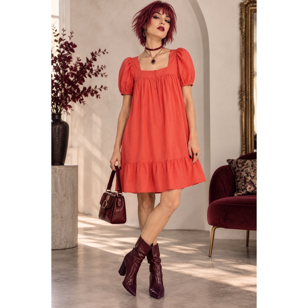 The Get Women Coral Orange Cotton Puff Sleeve Square Neck Ruffle Midi Dress-S